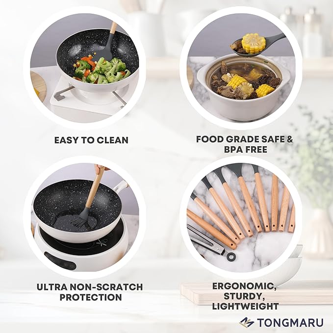 Silicone Cooking Utensils Set, Premium Beech Wood Handle Kitchen Gadgets Utensil Set, Non-Stick Kitchen Utensils Spatula, Tongs, Turner, Whisk, Brush, Spoon, BPA FREE, 446°F Resistant (Dark Gray)