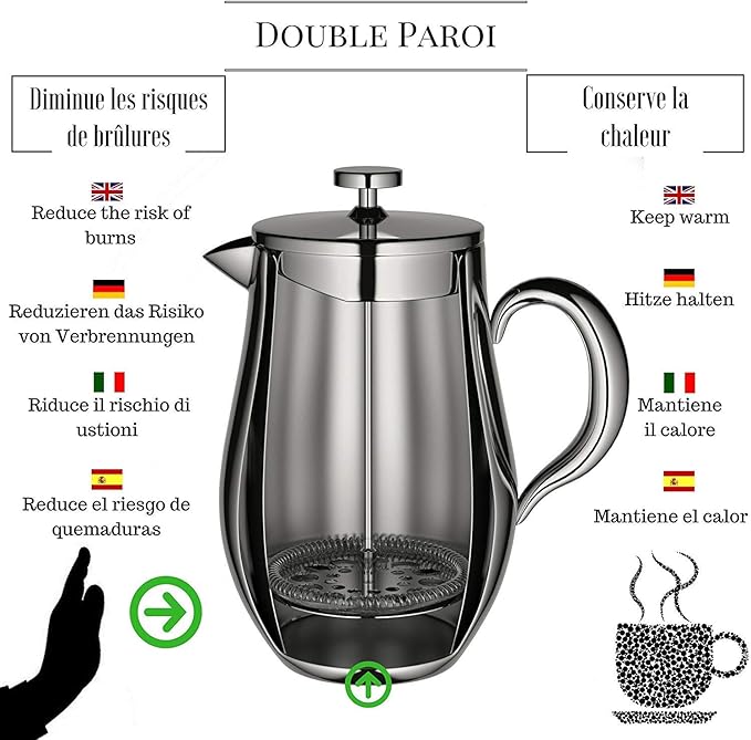 VeoHome - 1 Litre piston coffee maker - Unbreakable and keeps coffee hot for a long time thanks to its double stainless steel shell…