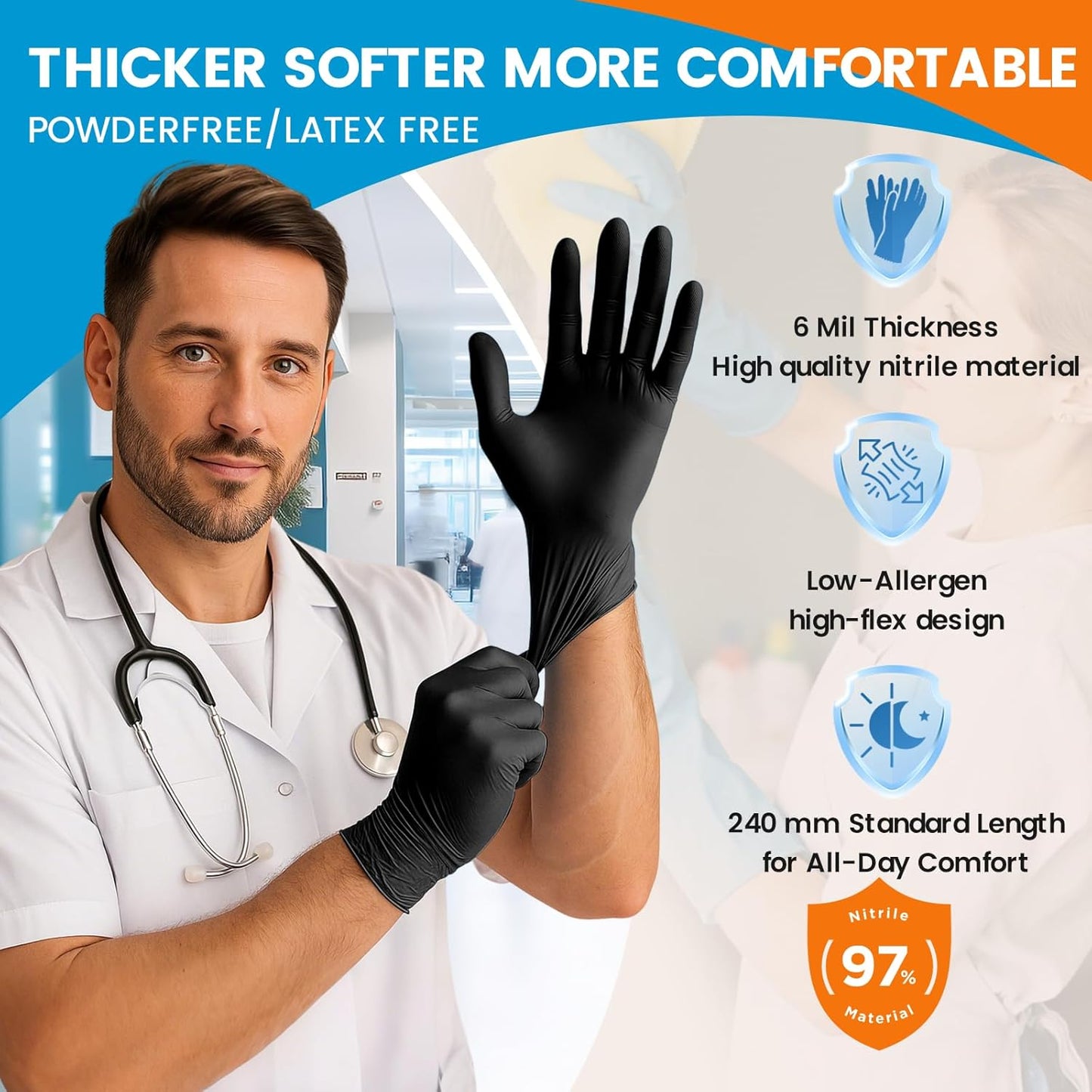 6 mil Disposable Nitrile Gloves, Heavy Duty Disposable Glove, Cooking Gloves, Latex Free, Powder Free (Black of 1000, Large)