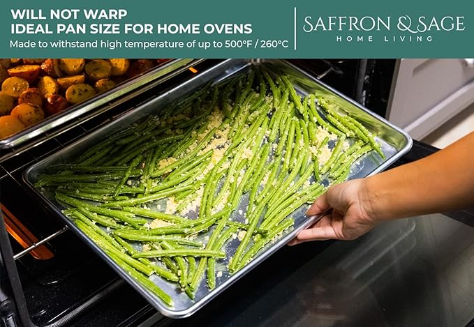 Commerical Quality Cookie Sheet Pan - 4 Pack Aluminum Half Sheet Baking Pan by Saffron & Sage Home Living - This 18x13 Baking Sheet Set is Rust & Warp Resistant, Heavy Duty, of Thick Gauge