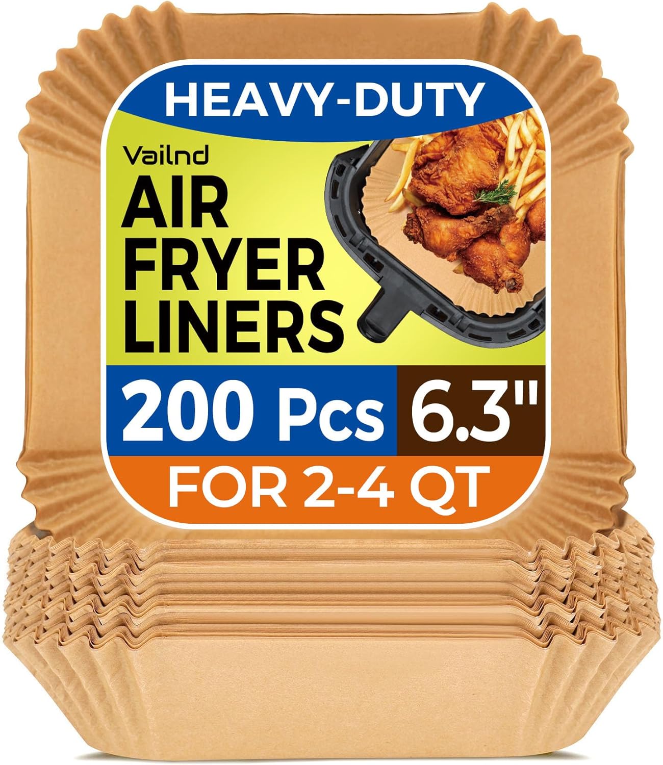 Air Fryer Paper Liners, 200pcs Air Fryer Liners Disposable, 6.3" Square Baking Liner for 2-4 qt Airfryer Basket, Non-stick and Oil Proof Parchment Paper for Oven, Pans & Baking