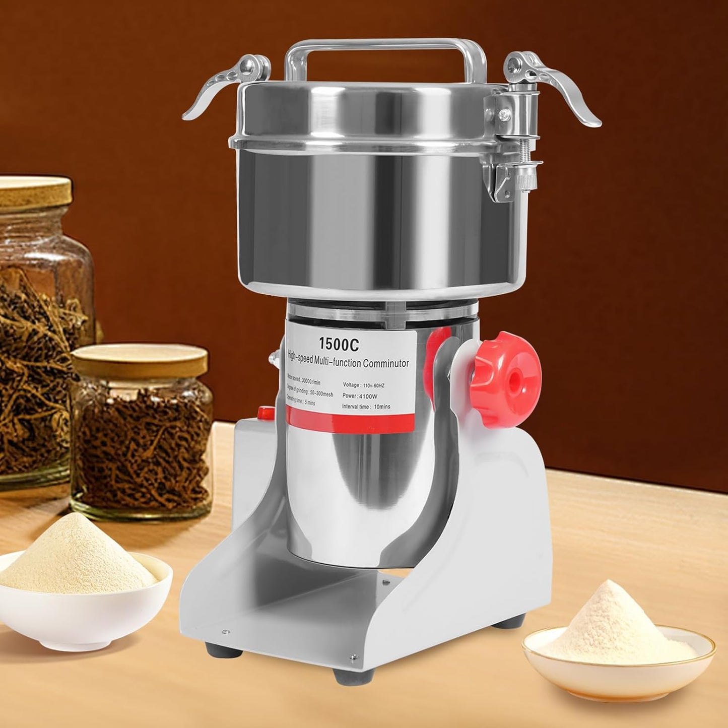 Electric Grain Mill Grinder, 1500g/3.31lbs High-speed 30000r/min Food Grinder, 110V 4100W Countertop Grain Mill for Dry Spice Herbs Grains Coffee Rice Pepper (1500g)