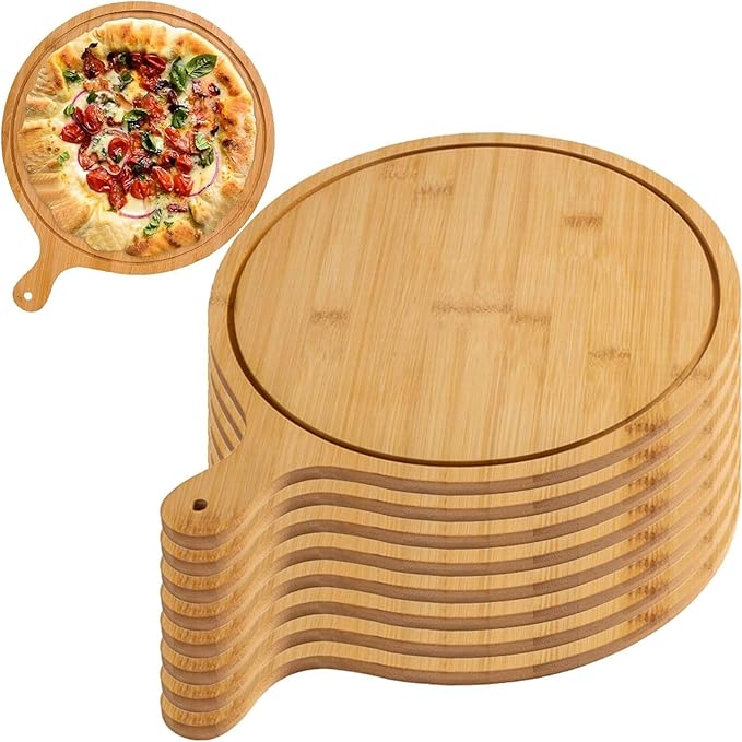 6 Pack Pizza Board Set – Premium Wooden Pizza Plates for Serving & Cutting, Round Bamboo Pizza Plate with Handle, Durable & Lightweight for Home & Restaurant (Up to 13 Inches),10inch