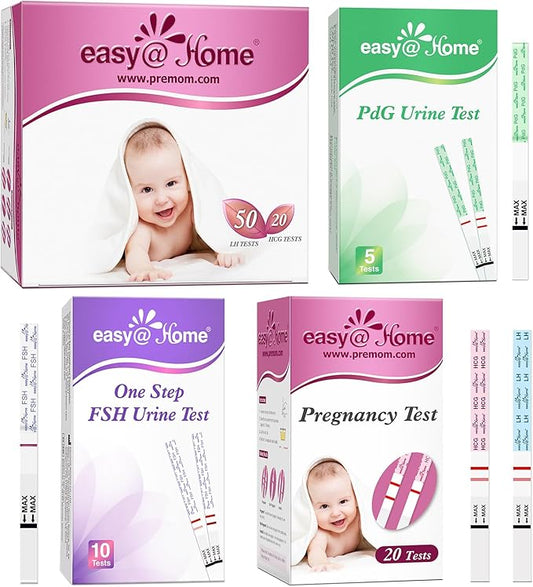 Easy@Home 50 Ovulation & 20 Prenancy Test Strips + 5 PdG Urine Tests + 20 Prenancy Test Strips + 10 FSH Menopause Test to Track Ovulation