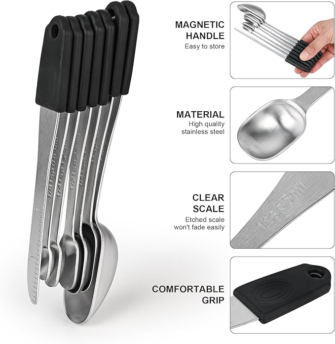 Magnetic Measuring Cups and Spoons Set 14, Stainless Steel Measuring Cups and Spoons Set, Heavy Duty Metric Measuring cups & Spoons with Leveler for Baking & Cooking, Black