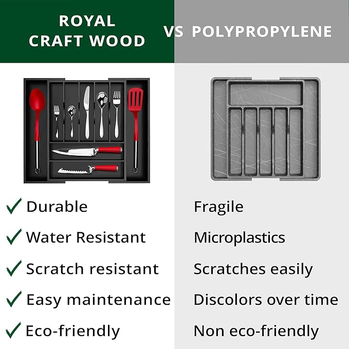 ROYAL CRAFT WOOD Luxury Bamboo Kitchen Drawer Organizer - Silverware Organizer - Utensil Holder and Cutlery Tray with Grooved Drawer Dividers for Flatware and Kitchen Utensils (9 Slot, Black)