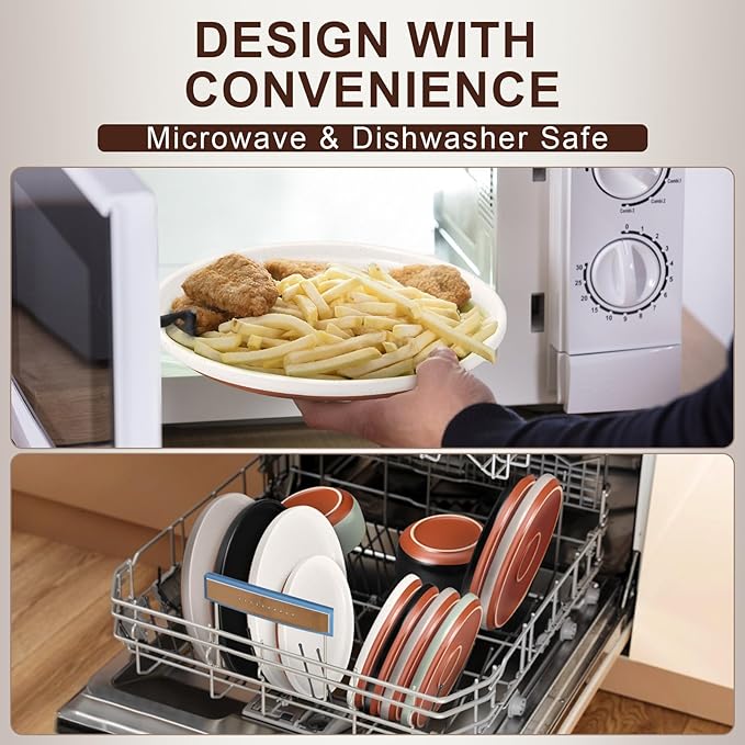 E-far 24-Piece Stoneware Dinnerware Sets, Plates and Bowls Sets for 8, Ceramic Dishware Dishes Set with Terracotta Base, Chip & Scratch Resistant, Microwave & Dishwasher Safe, Speckled White