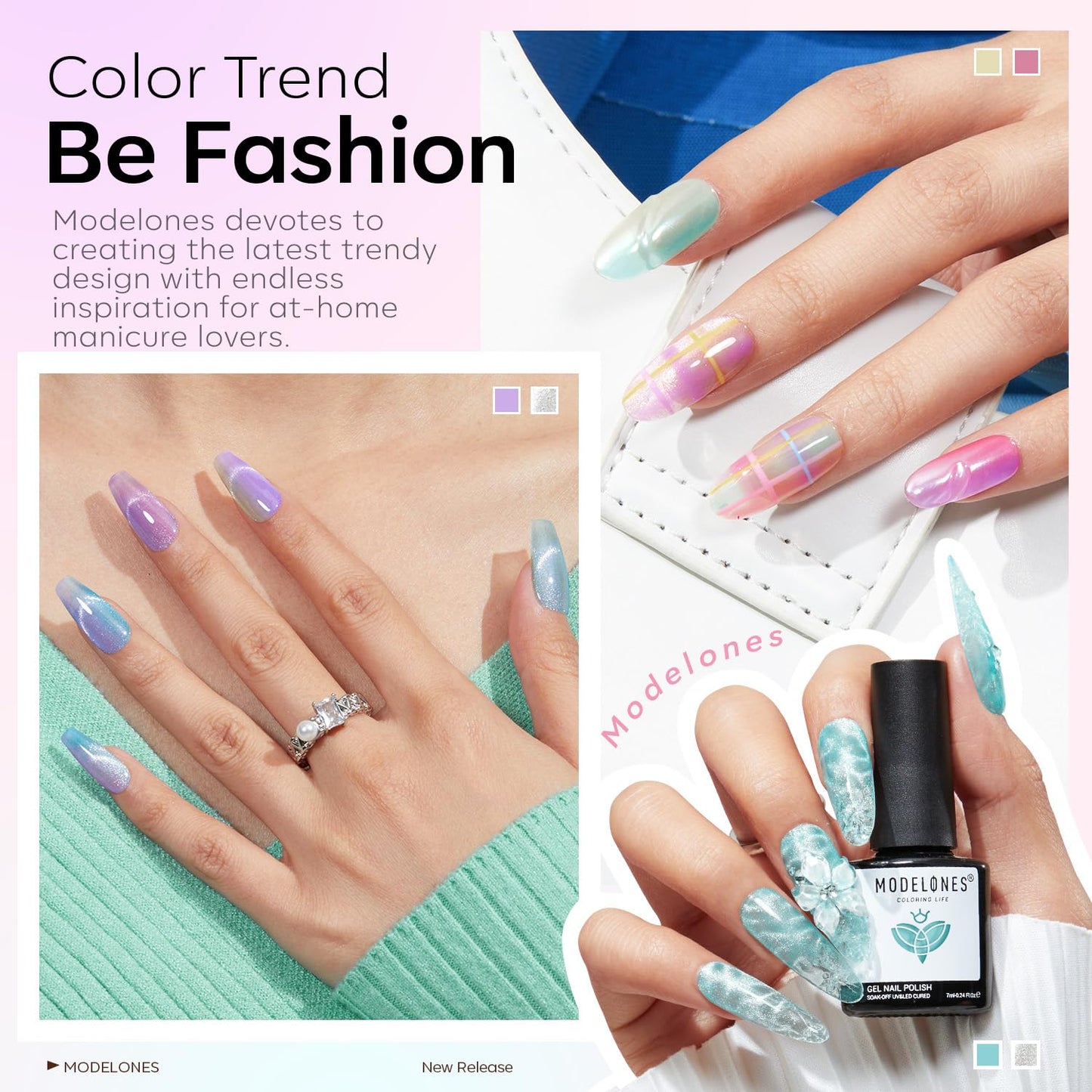 modelones Gel Nail Polish Set, 6 Colors Silver Cat Eye Gel Polish Translucent Pastel Sheer Pink Yellow Lavender Purple Baby Blue Mint Green Jelly Nail Polish with Magnet LED Manicure DIY Gift