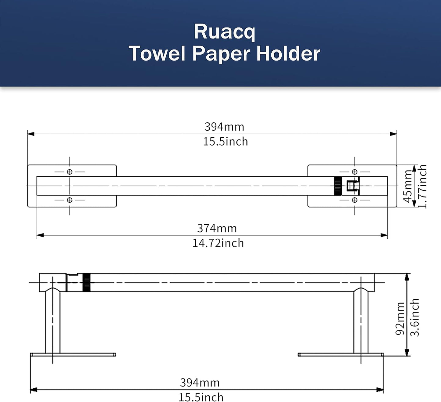 Ruacq Brushed Gold Paper Towel Holder Double Post Pivoting Square Base Under Cabinet Paper Towel Holder for Kitchen Self-Adhesive or Drill mounting
