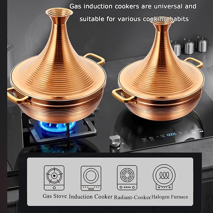 Stainless Steel Moroccan Tagine Pot, Large Moroccan Tajine Casserole with Cone-Shaped Lid, Non Stick Tagine Cooking Pot with 2 Handles(26cm/10.2in, Gold)