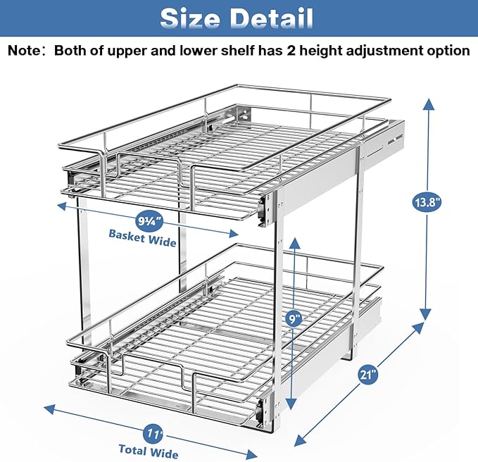 LOVMOR 2 Tier Individual Pull Out Cabinet Organizer 11"W x 21"D, Slide Out Kitchen Cabinet Storage Sliding Shelves