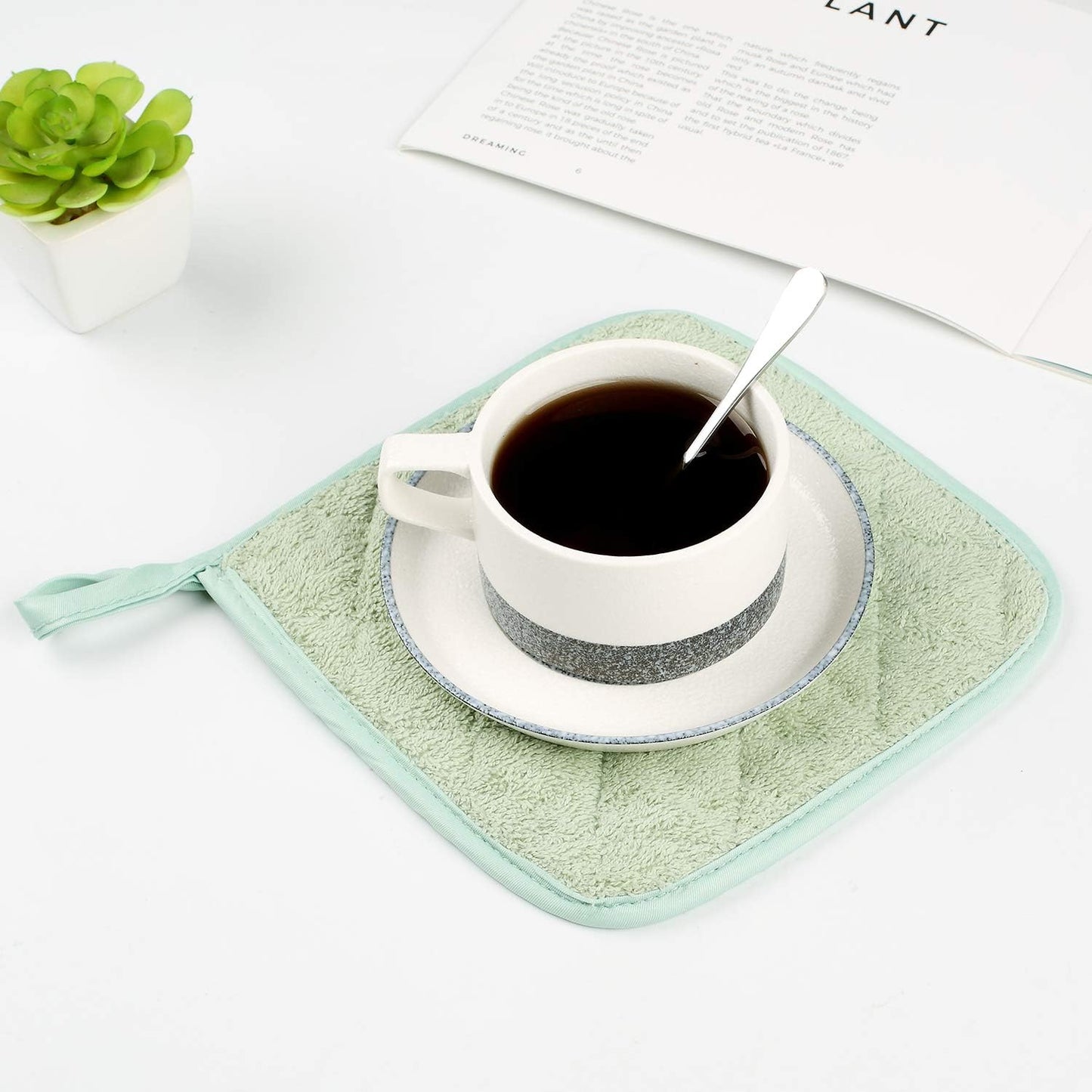 100% Cotton Kitchen Everyday Basic Terry Pot Holder Heat Resistant Coaster Potholder for Cooking and Baking Set of 5 Mint Green