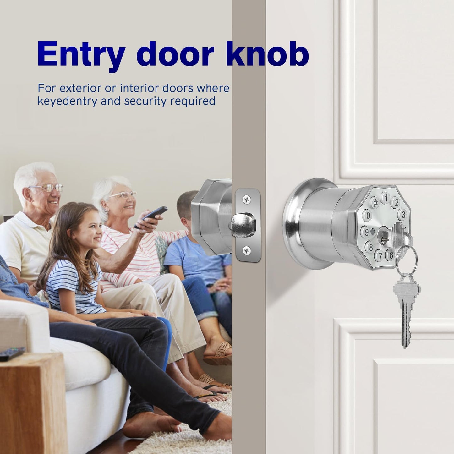Door Knob with Keypad and Key, Keyless Entry Door Lock,Smart Digital Knob Unlock by Passcode/Keys/USB backuplock,Electronic Door Knob for Home Bedroom Apartment Garage Office Security,Brushed Nickel