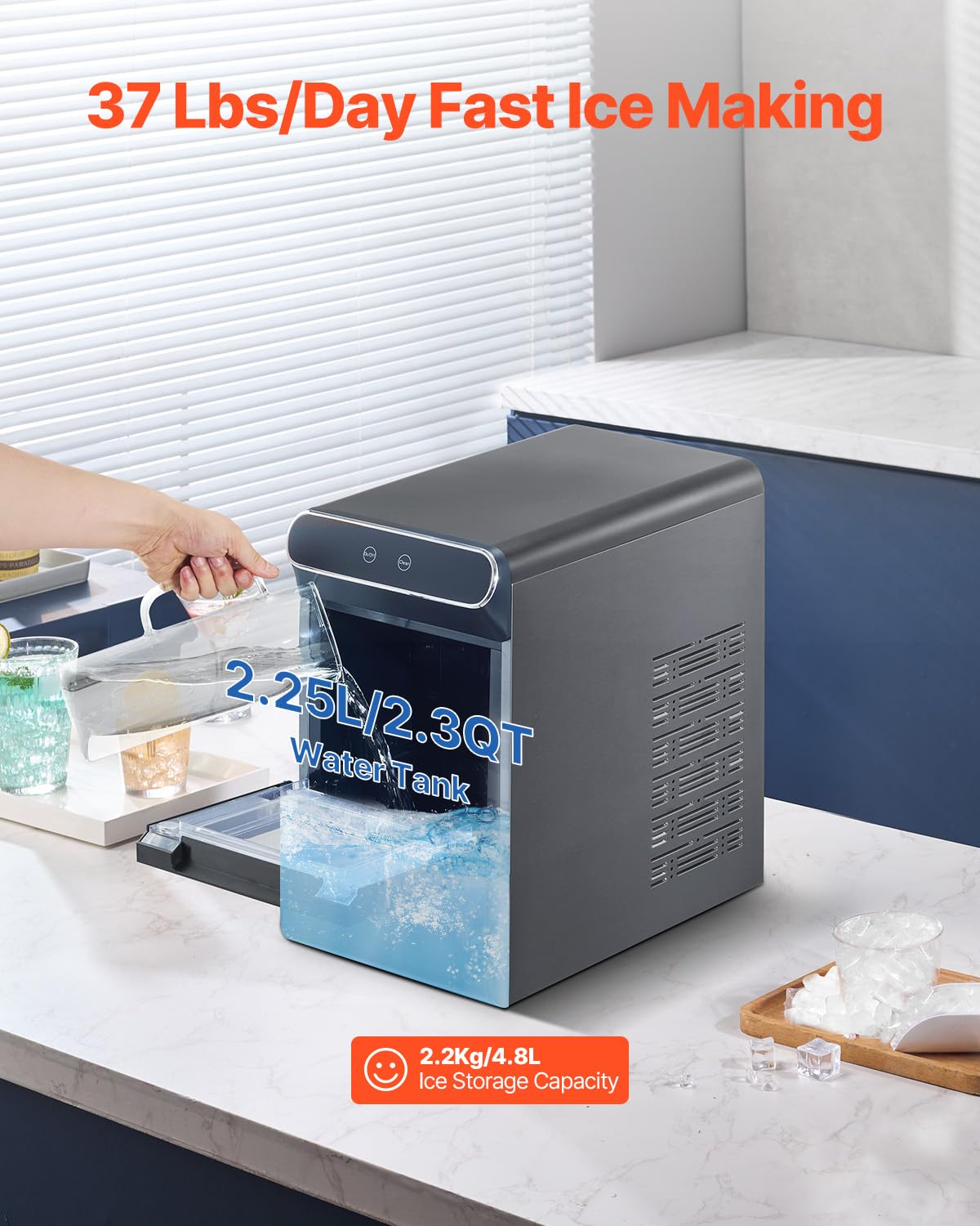 VEVOR Nugget Ice Maker, 37lbs/24H, with Self Cleaning, with Ice Scoop and Basket, Stainless Steel Ice Machine with Convenient Ice Transfer for Home Kitchen Office