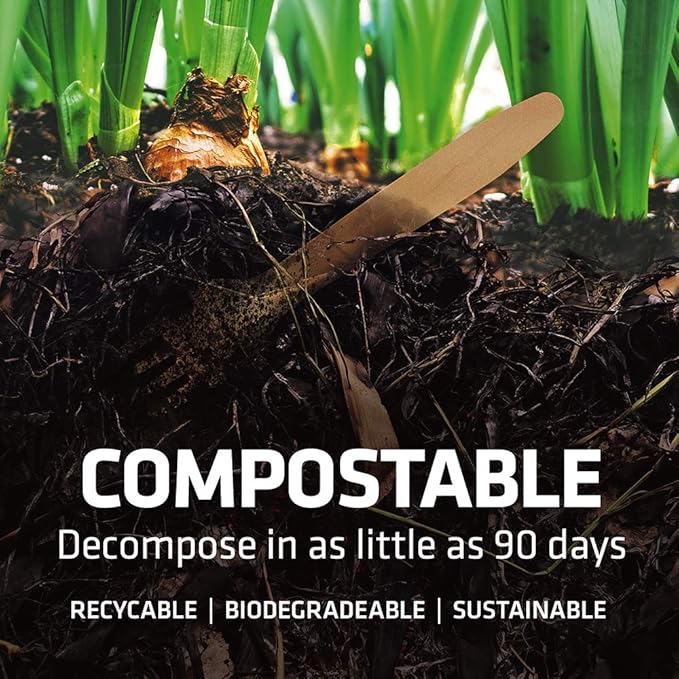 Disposable Wooden Cutlery Set - 100% Home Compostable - 100 Knives 6.5", Bamboo Utensils Alternative, Eco-Friendly, Organic, Sustainable and Carbon Neutral Certified