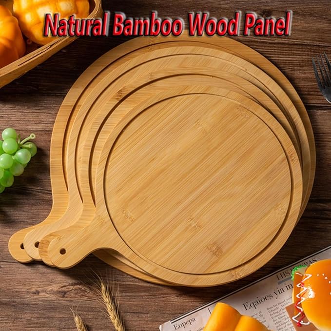 6 Pack Pizza Board Set – Premium Wooden Pizza Plates for Serving & Cutting, Round Bamboo Pizza Plate with Handle, Durable & Lightweight for Home & Restaurant (Up to 13 Inches),13inch