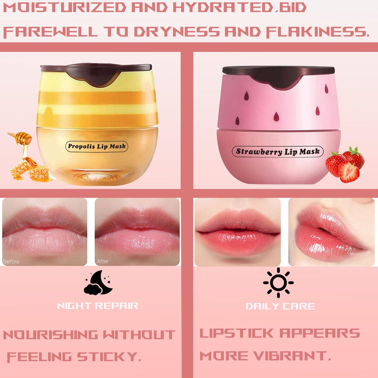 4 PCS Bee Lip Balm Honey Pot, Honey Strawberry Watermelon Apple Sleeping Lip Mask Overnight with Sticks, Exfoliating Prevention Dry and Crack Lip Scrubs