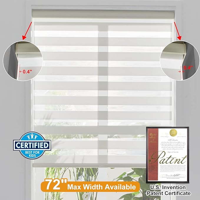 Persilux Cordless Zebra Blinds for Windows Free-Stop Roller Windows Shades (34" W X 47" H, Cream) Dual Layer Light Control for Day and Night, Light Filtering Sheer Shades for Home, Bedroom
