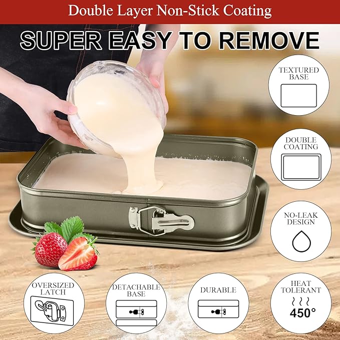 Kenond Large Springform Cake Pan, 14 x 11-Inch Rectangle Cheesecake Pan, Tiramisu Bakeware with 50Pcs Wax Paper, 5Pcs Spatula Set, Non-Stick Baking Pan Mold Leakproof…
