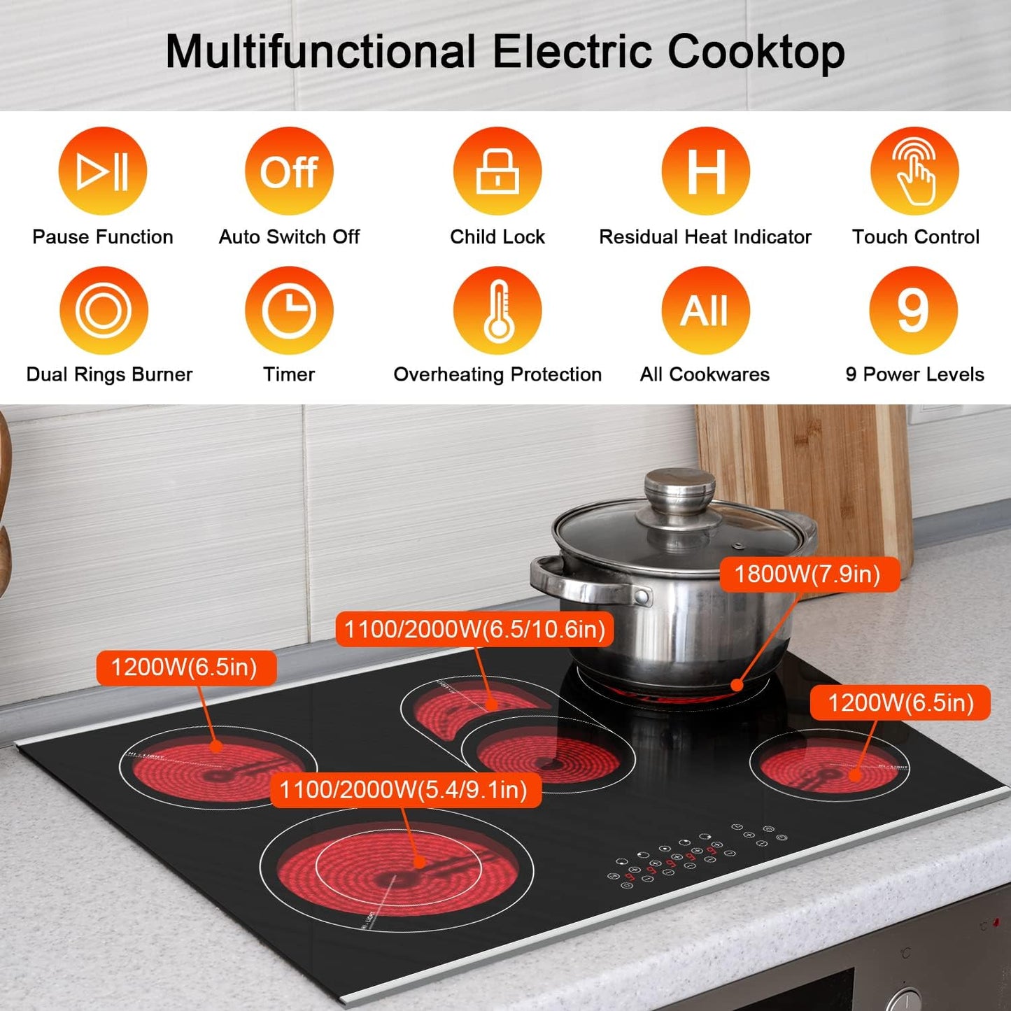 Karinear 30 Inch Electric Cooktop 30 Inch 5 Burners Electric Stove Ceramic Cooktop, Drop-in Electric Radiant Cooktop with Front and Back Metal Frame, Lock, Timer, 8400W, 220-240V, Hard Wire, No Plug