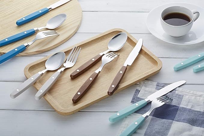 ANNOVA Silverware Set, Retro/Rivet Colorful Stainless Steel Tableware Kitchen Flatware Set Utensils, Includes Dinner Knives, Forks, Spoons & Dessert Spoons (Blue, 24 Pieces)