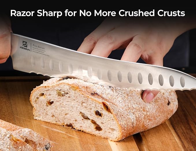 Piklohas Resharpenable Bread Knife for Homemade Bread, 8 Inch Serrated Sourdough Knife with Offset Handle, Innovative Wavy Edge for Clean Slices Crusty Bread, Bagels, Pineapple & Tomatoes, Gift Box