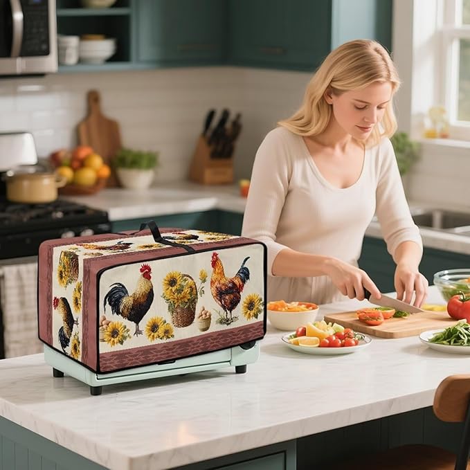 Air Fryer Toaster Oven Dust Cover Washable Convection Oven Cover Farmhouse Kitchen Appliance Protector Decorations Countertop Accessories, S, Rooster Chicken Eggs Sunflower