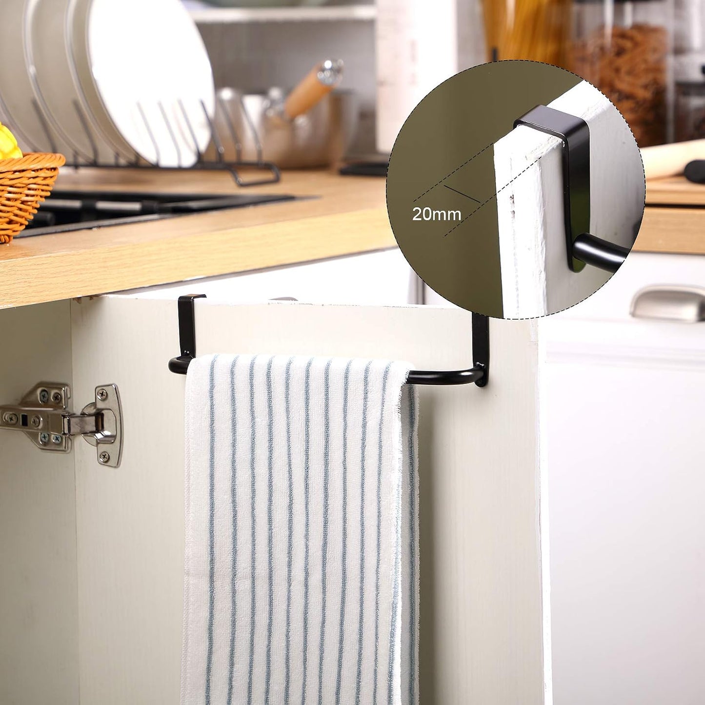 2 Pieces Metal Towel Bar Kitchen Cabinet Steel Towel Rack Bar for Hanging on Inside or Outside of Doors, Home Kitchen Bathroom(Black)