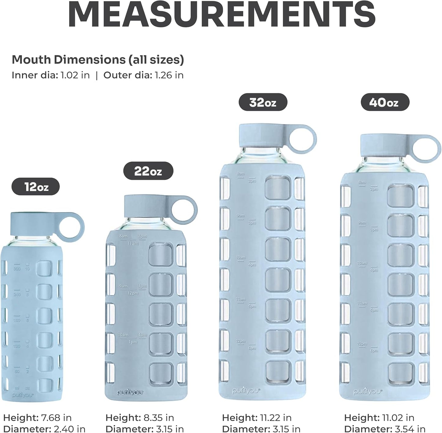 purifyou 40oz / 32oz / 22oz / 12oz Borosilicate Glass Water Bottle with Time & Volume Markers, Silicone Sleeve, Stainless Steel Lid – Reusable Glass Bottle for Water & Juice (22oz Ice Blue)