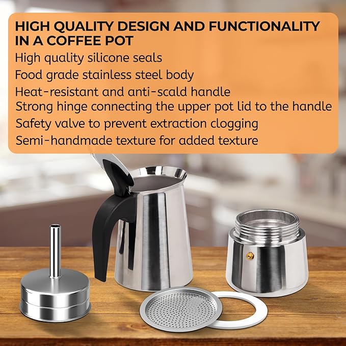 2 Cup 100ml Moka Pot Stainless Steel Espresso Coffee Maker Stovetop Coffeemaker Italian Classic Style Brewing Greca Cafe Mocha Machine for Cafeteras Lover Camping Travel and Home Use 3.3oz