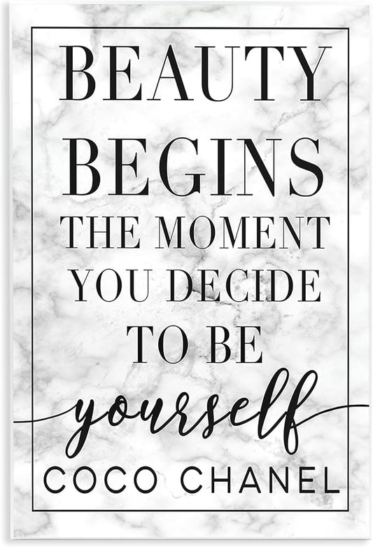 Stupell Industries Beauty Begins Once You Decide to Be Yourself White Marble Typography, Design by Daphne Polselli Wall Art, 10 x 15, Black