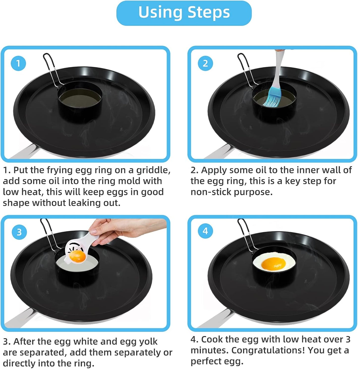 Stainless Steel Egg Rings for Frying Eggs（4 Pack） - 3.5" Round Non Stick Griddle Rings with Oil Brush, Egg Sandwich/Pancake/Cooking Molds, Breakfast Maker Accessories & Egg Separator
