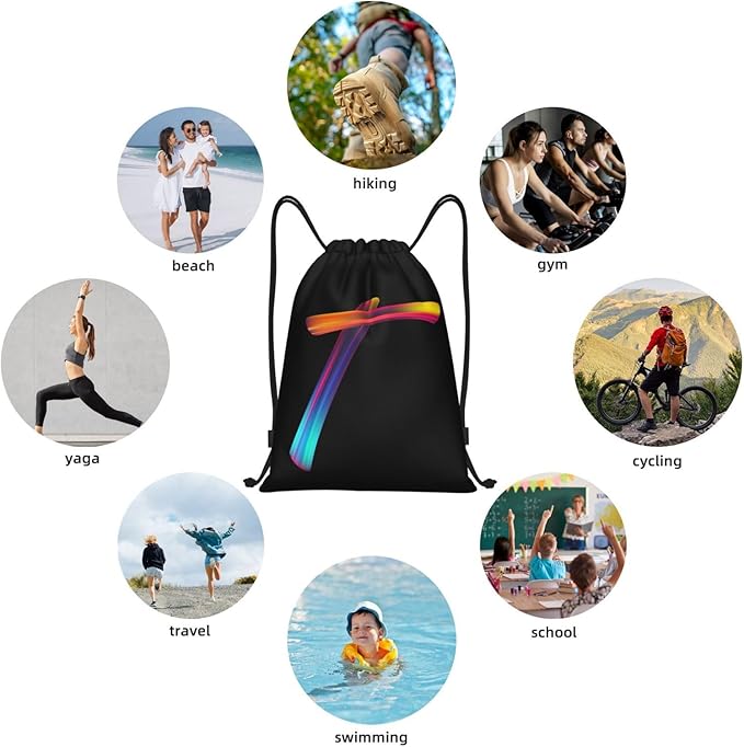 Drawstring Bags Initial Drawstring Backpack Sackpack Black Draw String Cinch Bags for Sports, Gym, Travel, Swimming, Beach, Camping, Rainbow Letter T