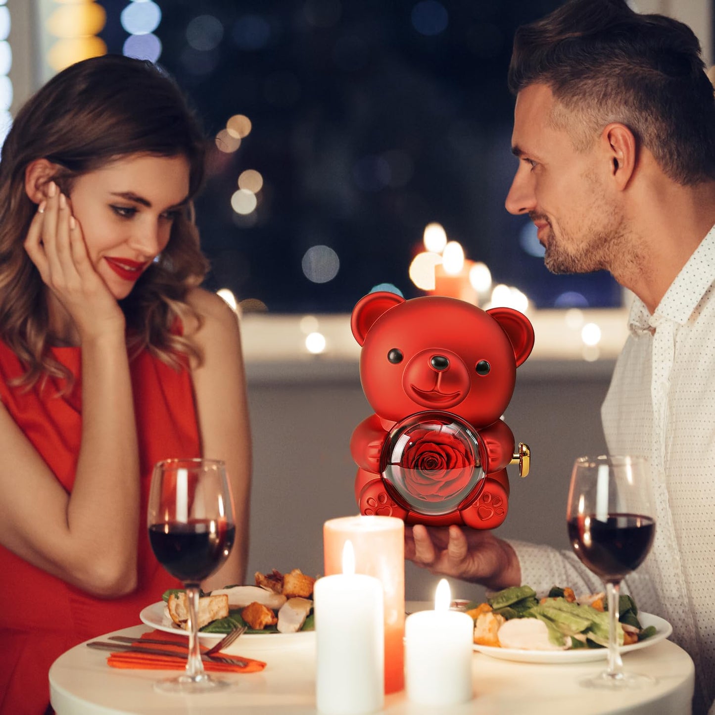 Anthonic Cute Teddy Bear with Preserved Rose - A Real Rose Flower in Bear with Elegant Gift Box - Romantic Gift for Her in Mother's Day, Weddings, Anniversaries, and Bridal Showers (Red)