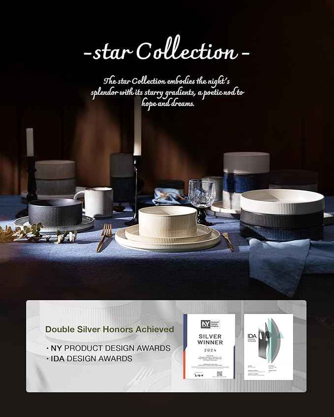 Famiware Star Dinnerware Set with Mugs, Service for 6 (24 Pieces), Ribbed Stoneware Plates and Bowls Dishes Sets - Chip & Scratch Resistant, Microwave & Dishwasher Safe, Smoky Blue
