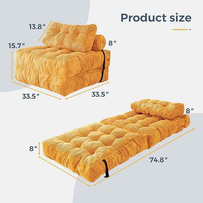 MAXYOYO Folding Sofa Bed, Convertible Sleeper Chair with Pillow Foldable Mattress with Back Support, Portable Fold Out Chair Bed Comfy Floor Sofa Lounge for Living Room Bedroom Apartment