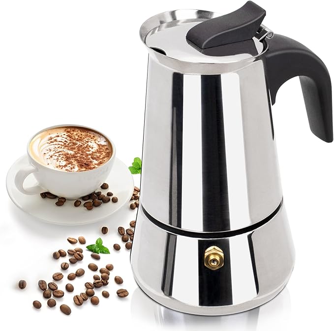 6 Cup 300ml Moka Pot Stainless Steel Espresso Coffee Maker Stovetop Coffeemaker Italian Classic Style Brewing Greca Cafe Mocha Machine for Cafeteras Lover Camping Travel and Home Use 10oz