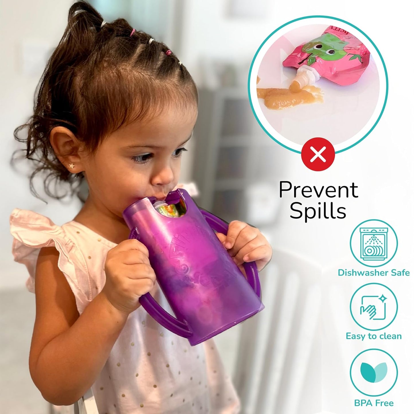 Squeeze Proof Food Pouch Holder for Toddlers, Babies, Kids, Mess Free No Squeeze Juice Box Drink Holder with Easy Grip Handles and Lid - Made in USA (White 3 Pack)