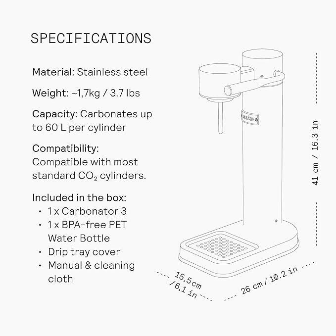Aarke Carbonator lll with CO2 Cylinder, Sparkling & Carbonation Water Machine, Stainless Steel with PET BPA-Free Reusable Bottle Volume 1L/34 fl oz (Matte White)