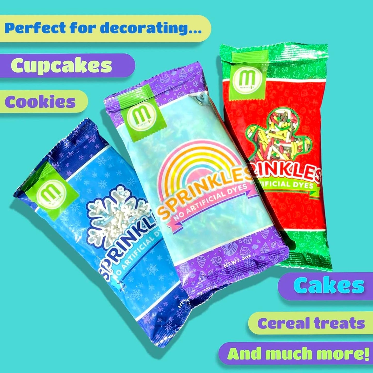 Manvscakes, Natural Sprinkles, No Artificial Dyes, Snowflake Edible Sprinkles, Holiday Cake Decorations, Dessert, Cookies, 3 ounces, Christmas Sprinkles, Winter Baking, Gluten Free, Blue Sprinkle