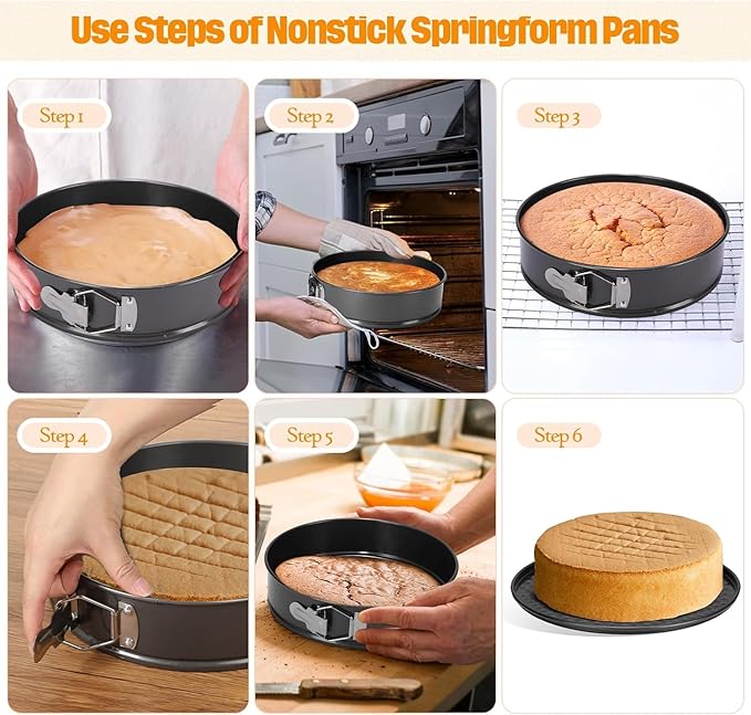 Springform Cake Pan Set of 3 (7, 8, 9 Inch) Heart Round Square Leakproof Nonstick Cheesecake Pans with Removable Bottom Carbon Steel Bakeware