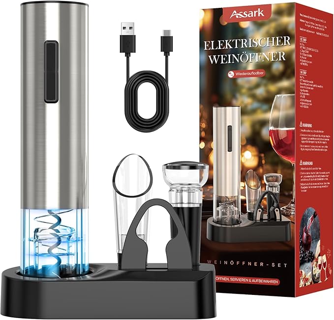 Electric Wine Opener,Rechargeable Automatic Wine Opener Corkscrew Opener Set With Wine Stopper, Foil Cutter, Wine Aerator,Storage Base & USB-C Cable Christmas Gifts for Wine Lovers