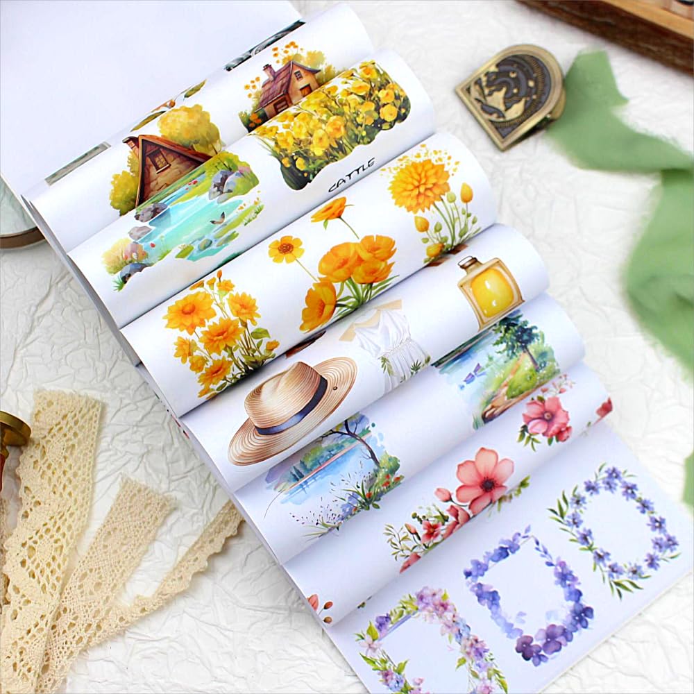 Dwpetzo Spring Notes Landscape Pre-Cut Sticker Book for Journaling, 20 Unique Sheets, Dual Materials Paper PET Stickers for Scrapbooking, Junk Journal Supplies, Planner, Collage, DIY Crafts Art