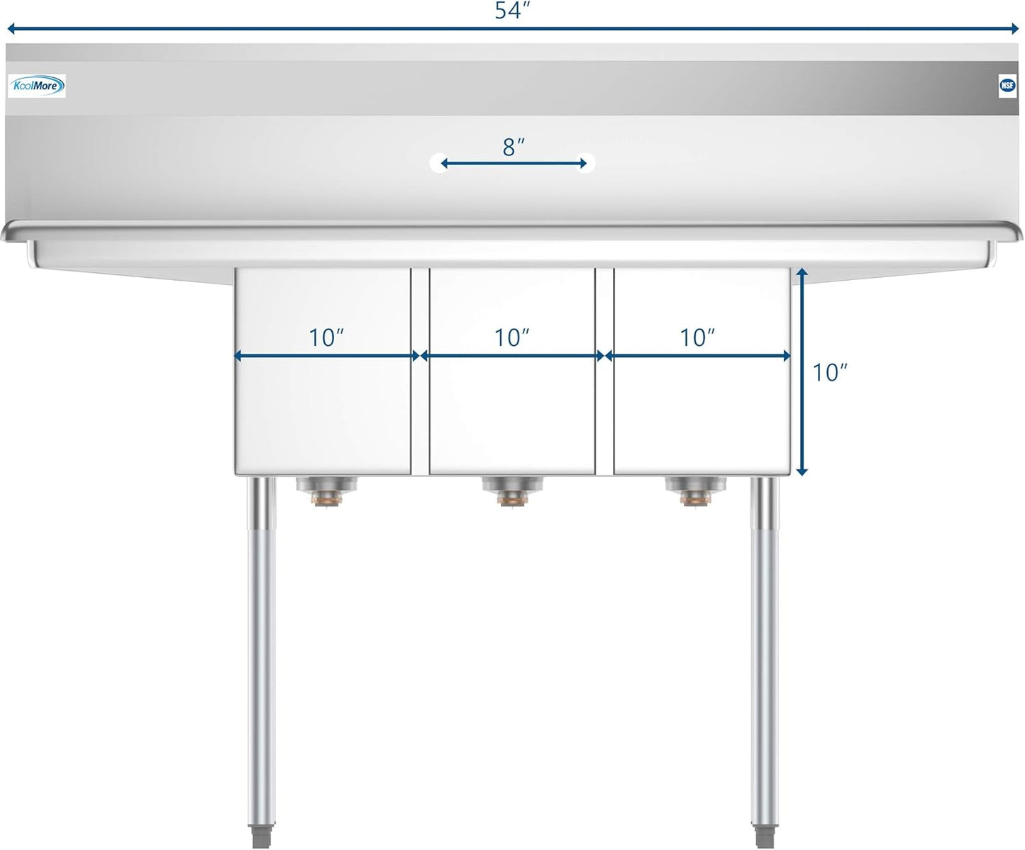 KoolMore - SC101410-12B3 3 Compartment Stainless Steel NSF Commercial Kitchen Sink with Right and Left Drainboards - Bowl Size 10" x 14" x 10", Silver