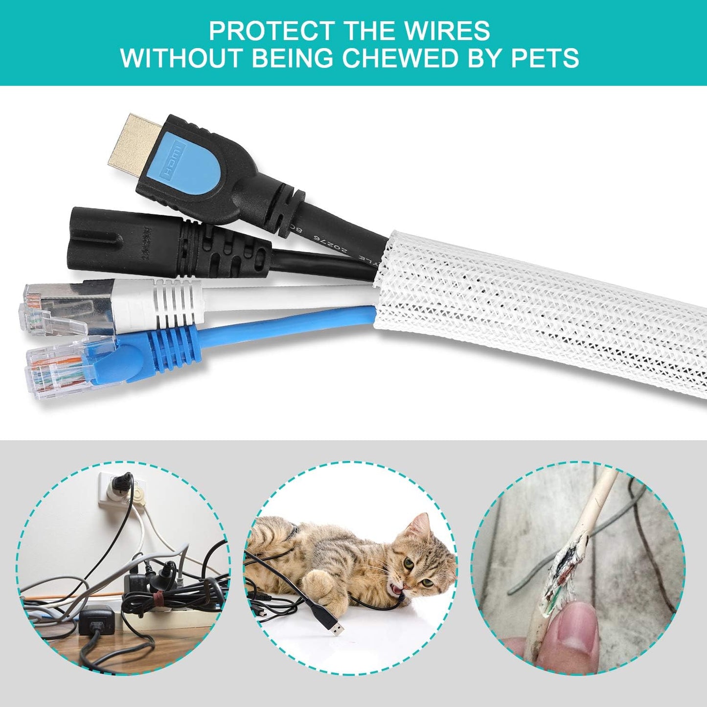 6.6ft - 1/2 inch White Cable Sleeve, Cable Organizer for Desk PC TV Computer, Wire Protector Cable Wrap Cover, Cord Management for Home Office