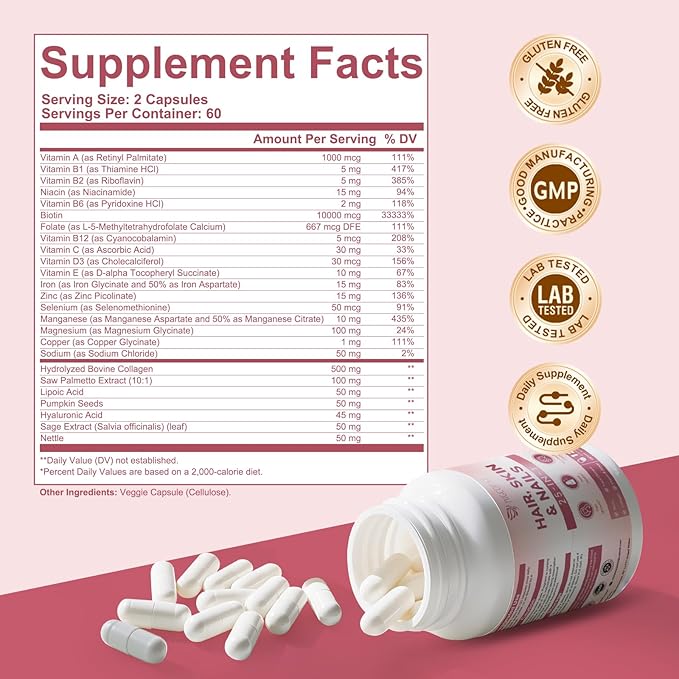 25-in-1 Formula Hair, Skin & Nails Supplement with Biotin 10,000mcg, Collagen, Vitamin B, C, D3, E, Folate, Iron for Women
