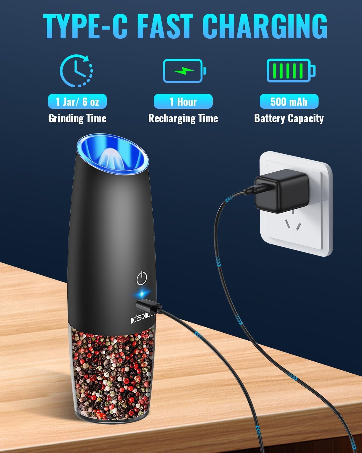 XinXu Rechargeable Pepper and Salt Grinder Set, No Battery Needed, whit Gravity Sensing Switch and LED Light, One Hand Automatic Operation -2 Pack/Black