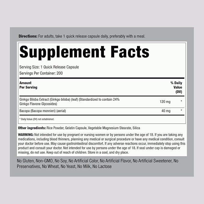 Piping Rock Ginkgo Biloba 120mg | 200 Capsules | Standardized Extract Supplement | Non-GMO, Gluten Free