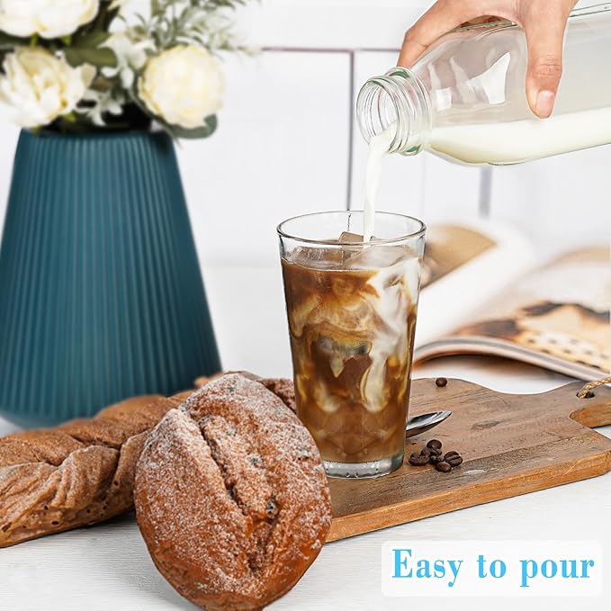 Liter Glass Milk Bottles w 100% Airtight Heavy Duty Screw Lid & 2 Dispenser- 6 Pack 32 Oz Drinking Jars - Food Grade Glass Bottles for Milk, Honey, Jam - Dishwasher Safe(Extra 2 Lids and Stickers)