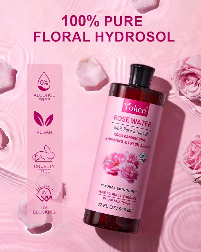 Pure Rose Water Toner for Face, 32 Fl Oz Bulk, 100% Natural Rosa Damascena Rose Hydrosol, Refreshing Rosewater for Hair, Skin, Aromatherapy, Hydrates & Soothes, Alcohol Free, Chemical Free